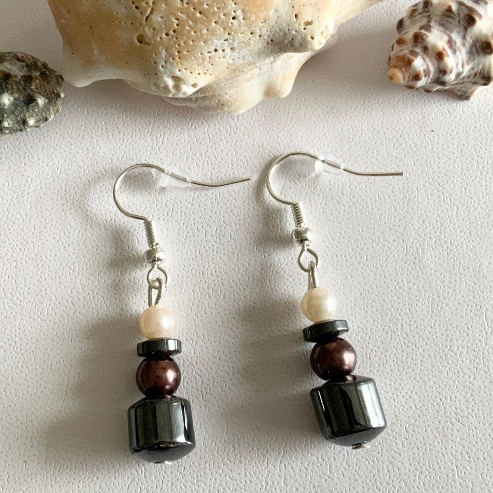 New Handcrafted Hematite and White/Brown Faux Pearl Beaded Dangle/Drop Earrings